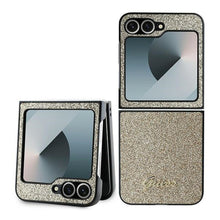 Заредете изображение във визуализатора на галерията – GUESS case for SAMSUNG Z Flip 6 GUHCZF6HGGSHD (HC PU 4G Glitter Script) gold
