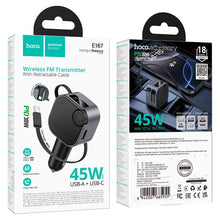 Заредете изображение във визуализатора на галерията – Car charger Hoco QC3.0 PD 45W with retractable cable and FM transmitter E167 black
