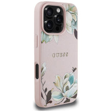 Заредете изображение във визуализатора на галерията – GUESS case for IPHONE 16 Pro compatible with MagSafe GUHMP16LPGNMPLMP (PU Grained Flowers Classic Logo) pink
