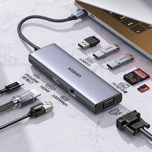 Заредете изображение във визуализатора на галерията – Ugreen CM498 15600 USB-C adapter - 3x USB-A 3.0 / HDMI / VGA / RJ45 / SD / TF card reader / USB-C PD - gray
