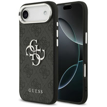 Заредете изображение във визуализатора на галерията – GUESS case for IPHONE 17 Air GUHCP17MP4G4SMCK (4G PU Leather Case with Big 4G and Classic Logo and Silver Metal Camera Frame) black
