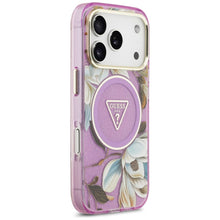 Заредете изображение във визуализатора на галерията – GUESS case for IPHONE 17 Pro Max compatible with MagSafe GUHMP17XHFLPEDU (IML Metal Glitter Flowers Triangle) purple
