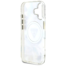 Заредете изображение във визуализатора на галерията – GUESS case for IPHONE 16 compatible with MagSafe GUHMP16SHFLPEDH (IML Metal Glitter Flowers Triangle) white
