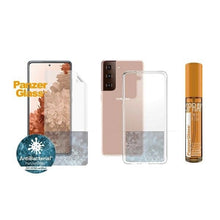 Заредете изображение във визуализатора на галерията – PanzerGlass protection set for Samsung Galaxy S21+ TPU foil + ClearCase + cleaning liquid 30ml
