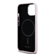 Заредете изображение във визуализатора на галерията – DKNY case for IPHONE 15 compatible with MagSafe DKHMP15SSMCHLP (DKNY HC MagSafe Silicone W/Horizontal Metal Logo) pink
