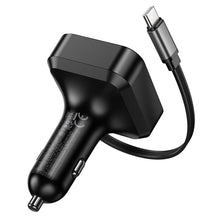 Заредете изображение във визуализатора на галерията – Car charger Hoco wit retractable cable 2 x USB C + USB A QC PD 65W NZ18 black
