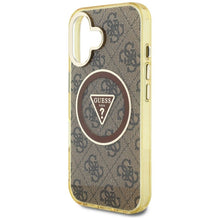 Заредете изображение във визуализатора на галерията – GUESS case for IPHONE 16 compatible with MagSafe GUHMP16SHG4PRTGW (IML Metal Glitter 4G Circle Triangle) brown
