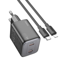 Заредете изображение във визуализатора на галерията – HOCO charger 2 x Type C +  cable Type C to Lightning PD QC 45W GaN N42 black
