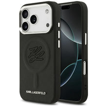 Заредете изображение във визуализатора на галерията – KARL LAGERFELD case for IPHONE 17 Pro compatible with MagSafe KLHMP17LPGFKLRDK (PU W/ Initial &amp; Metal Logo) black

