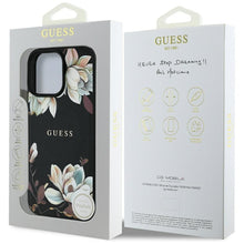 Заредете изображение във визуализатора на галерията – GUESS case for IPHONE 16 Pro Max compatible with MagSafe GUHMP16XPGNMPLMK (PU Grained Flowers Classic Logo) black
