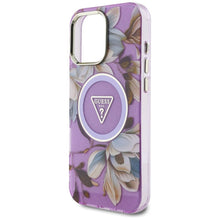 Заредете изображение във визуализатора на галерията – GUESS case for IPHONE 16 Pro Max compatible with MagSafe GUHMP16XHFLPEDU (IML Metal Glitter Flowers Triangle) purple
