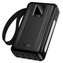Заредете изображение във визуализатора на галерията – Powerbank 20000 mAh QC PD 22,5W with built-in cables USB A + USB C+ Lightning + Micro USB and two lights Hoco J173 black
