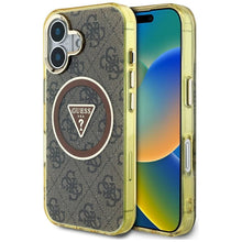 Заредете изображение във визуализатора на галерията – GUESS case for IPHONE 16 compatible with MagSafe GUHMP16SHG4PRTGW (IML Metal Glitter 4G Circle Triangle) brown
