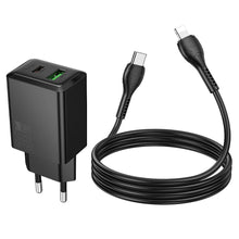 Заредете изображение във визуализатора на галерията – HOCO wall charger USB A + Type C + cable Type C to Type C 60W PD QC3.0 AFC 3A 30W N71 black
