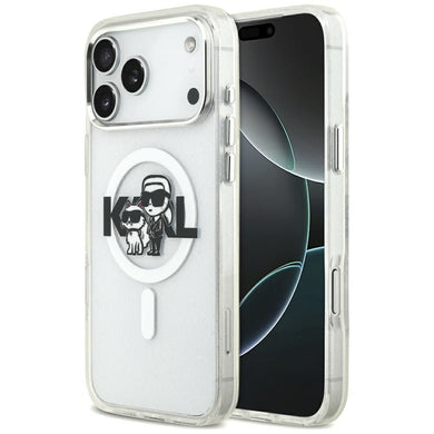 KARL LAGERFELD case for IPHONE 17 Pro Max compatible with MagSafe KLHMP17XHGKCGKBT (IML Glitter K&C Sketch Logo) transparent