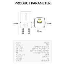 Заредете изображение във визуализатора на галерията – Wozinsky WWCEAC GaN USB-A USB-C 33W wall charger - white
