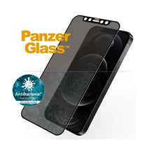 Заредете изображение във визуализатора на галерията – PanzerGlass E2E Super+ Microfracture antibacterial privacy tempered glass for iPhone 12 / 12 Pro - with black frame
