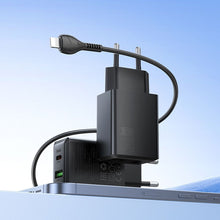 Заредете изображение във визуализатора на галерията – HOCO wall charger USB A + Type C + cable Type C to Type C 60W PD QC3.0 AFC 3A 30W N71 black
