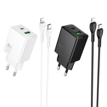 Заредете изображение във визуализатора на галерията – HOCO wall charger USB A + Type C + cable Type C to Type C 60W PD QC3.0 AFC 3A 30W N71 white
