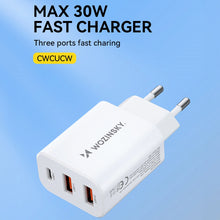 Заредете изображение във визуализатора на галерията – Wozinsky CWCUCW 30W USB-C / 2 x USB-A wall charger - white
