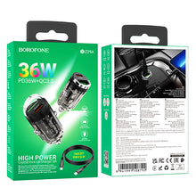 Заредете изображение във визуализатора на галерията – Borofone Car charger BBZ29A Talented - USB + Type C - QC 3.0 PD 36W 3A with Type C to Lightning transparent-black
