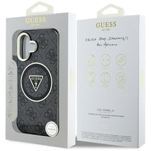 Заредете изображение във визуализатора на галерията – GUESS case for IPHONE 16 compatible with MagSafe GUHMP16SHG4PRTGK (IML Metal Glitter 4G Circle Triangle) black
