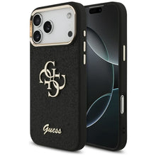 Заредете изображение във визуализатора на галерията – GUESS case for IPHONE 17 Pro Max GUHCP17XHG4SGCK (Fixed Glitter Big 4G Metal Frame) black
