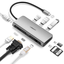 Заредете изображение във визуализатора на галерията – Ugreen CM179 9in1 USB-C - 3x USB-A 3.0 / HDMI / VGA / RJ45 / TF / SD card reader / USB-C adapter - gray
