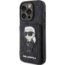 Заредете изображение във визуализатора на галерията – Karl Lagerfeld Saffiano Cardslots and Stand Monogram Ikonik Patch case for iPhone 15 Pro - black
