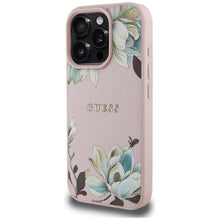 Заредете изображение във визуализатора на галерията – GUESS case for IPHONE 16 Pro compatible with MagSafe GUHMP16LPGNMPLMP (PU Grained Flowers Classic Logo) pink
