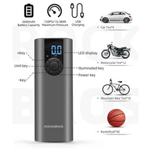 Заредете изображение във визуализатора на галерията – Rockbros 42720001001 electric bicycle pump with LED display + USB-C - USB-A cable - black
