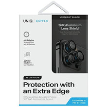 Заредете изображение във визуализатора на галерията – Uniq Optix Aluminum Camera Lens Protector for iPhone 15 Pro Max camera lens with applicator - black
