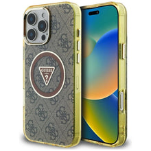 Заредете изображение във визуализатора на галерията – GUESS case for IPHONE 16 Pro Max compatible with MagSafe GUHMP16XHG4PRTGW (IML Metal Glitter 4G Circle Triangle) brown
