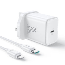 Заредете изображение във визуализатора на галерията – Joyroom JR-TCF06 USB-C PD 20W wall charger with UK plug - white + USB-C / Lightning cable
