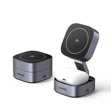 Заредете изображение във визуализатора на галерията – Ugreen W702 3in1 inductive charger with MagSafe / Qi2 and USB-C port for phone / headphones - black
