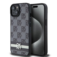 Заредете изображение във визуализатора на галерията – Original Case DKNY hardcase Leather Checkered Mono Pattern &amp; Printed Stripes DKHCP15MPCPTSSK for Iphone 15 Plus/14 Plus black
