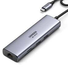 Заредете изображение във визуализатора на галерията – Ugreen CM512 90568 USB-C adapter - 2x USB-A 3.0 / HDMI / RJ45 / SD and TF card reader / USB-C PD 100W - gray

