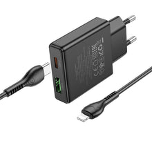 Заредете изображение във визуализатора на галерията – HOCO slim wall charger USB A + Type C with Type C to Lightning cable PD QC3.0 3A 20W N38 black

