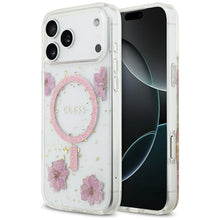 Заредете изображение във визуализатора на галерията – GUESS case for IPHONE 17 Pro Max compatible with MagSafe GUHMP17XRBFGFGMP (Resin Flowers and Glitter) pink
