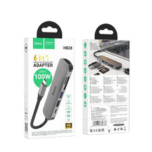 Заредете изображение във визуализатора на галерията – Adapter HUB 6in1 (HDTV+USB 3.0+USB 2.0+SD+TF+PD) USB-C Hoco HB28 black
