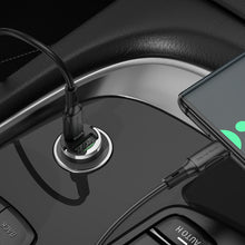 Заредете изображение във визуализатора на галерията – Borofone Car charger BZ29A Talented - USB + Type C - QC 3.0 PD 36W 3A with Type C to Type C transparent-purple
