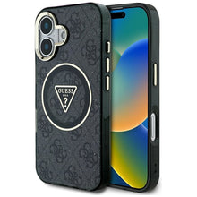 Заредете изображение във визуализатора на галерията – GUESS case for IPHONE 16 compatible with MagSafe GUHMP16SHG4PRTGK (IML Metal Glitter 4G Circle Triangle) black
