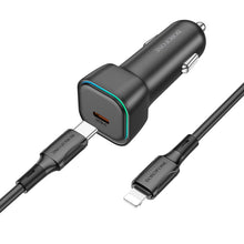 Заредете изображение във визуализатора на галерията – Borofone Car charger BZ28 Trophie - Type C - PD 30W 3A with Type C to Lightning cable black
