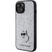 Заредете изображение във визуализатора на галерията – Karl Lagerfeld Fixed Glitter Choupette Logo Metal Pin case for iPhone 15 - silver
