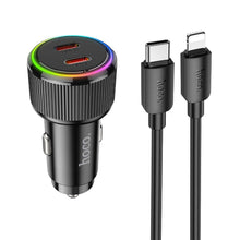 Заредете изображение във визуализатора на галерията – HOCO car charger 2 x Type C QC PD 50W + cable Type C to Lightning NZ14B black
