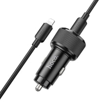 Заредете изображение във визуализатора на галерията – HOCO car charger 2 x Type C QC PD 50W + cable Type C to Lightning NZ14B black
