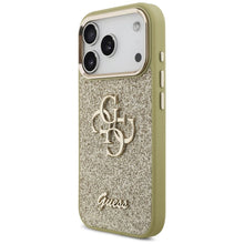 Заредете изображение във визуализатора на галерията – GUESS case for IPHONE 17 Pro GUHCP17LHG4SGCD (Fixed Glitter Big 4G Metal Frame) gold
