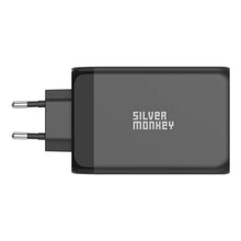 Заредете изображение във визуализатора на галерията – Silver Monkey GaN 130W wall charger 3x USB-C PD 1x USB-A 3.0 QC - black
