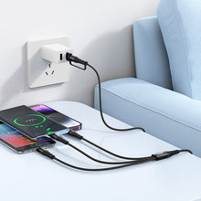 Заредете изображение във визуализатора на галерията – Cable 3in1 USB C / USB A to Lightning + USB C + Micro USB Hoco 1 m X123 black
