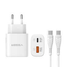 Заредете изображение във визуализатора на галерията – Phone charger VEGER USB A + Type C PD Super Charge PPS 45W + data cable Type C to C 100W TR101 white
